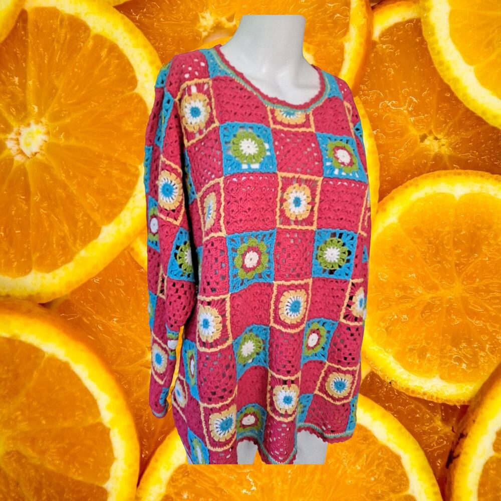 Crochet Granny Square Red‎ Floral Hand Knit Sweater
